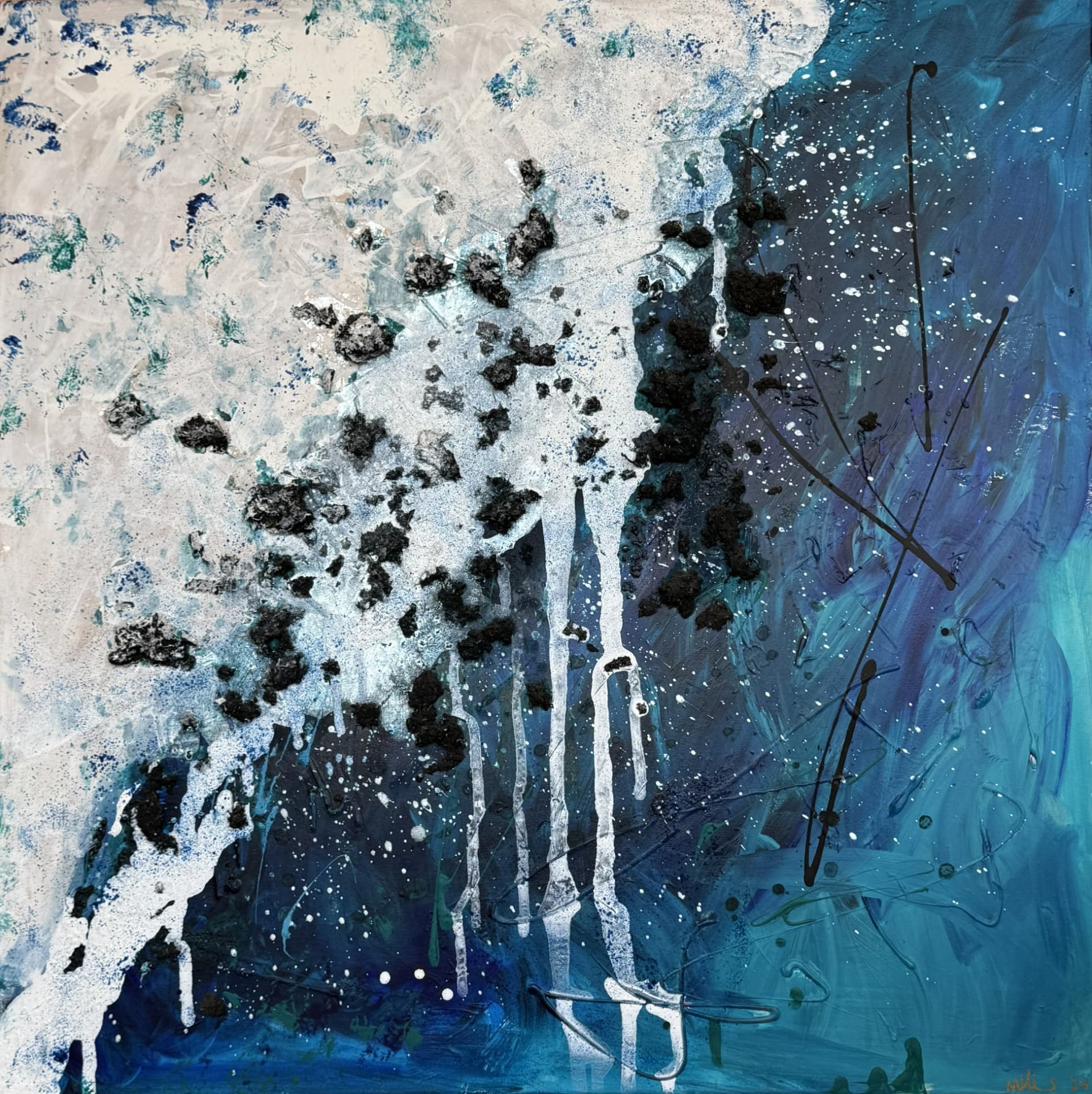Square abstract painting in deep blue, white and black textured strokes