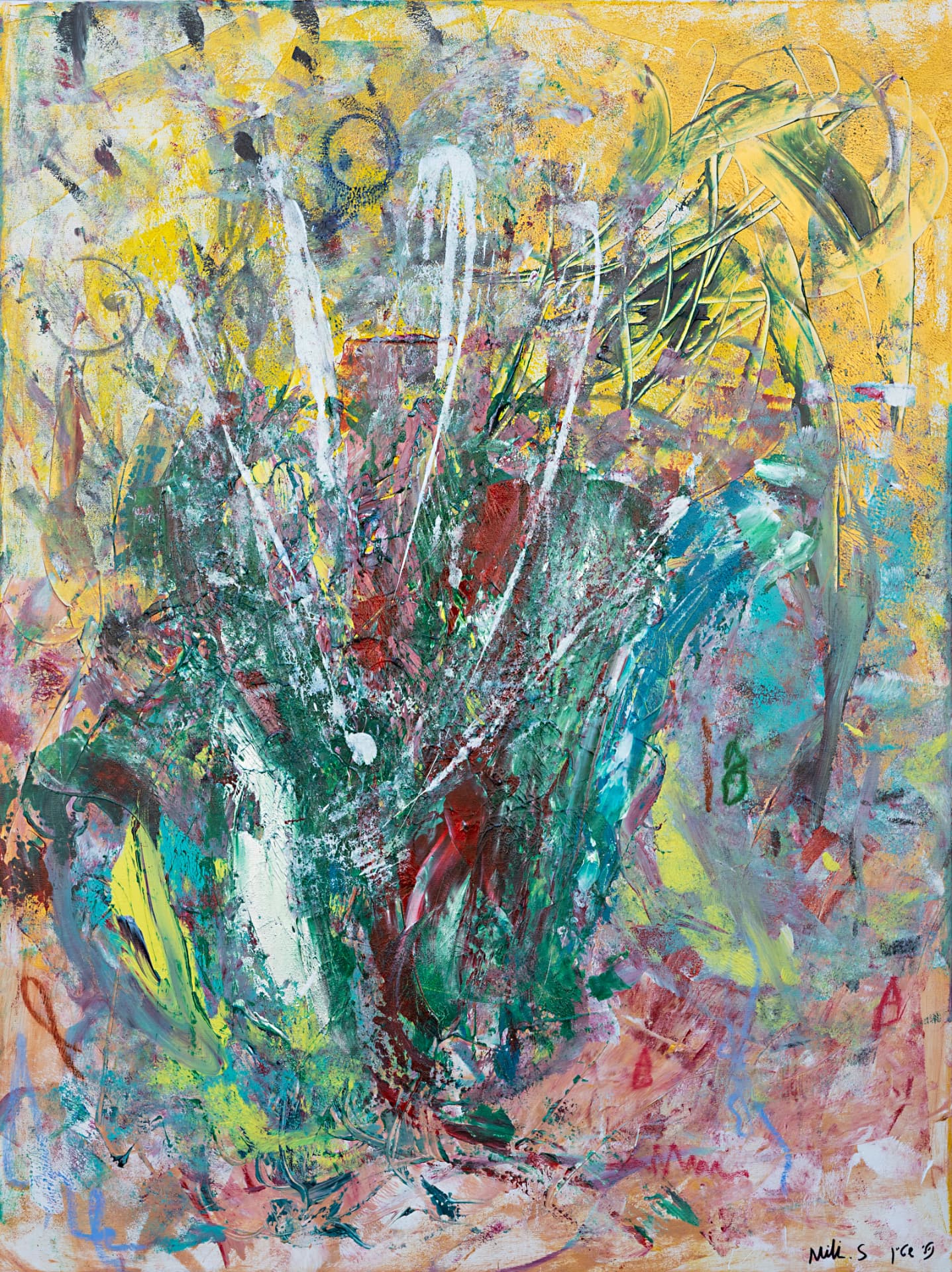 Vertical abstract painting in yellow, deep green and red with dense texture