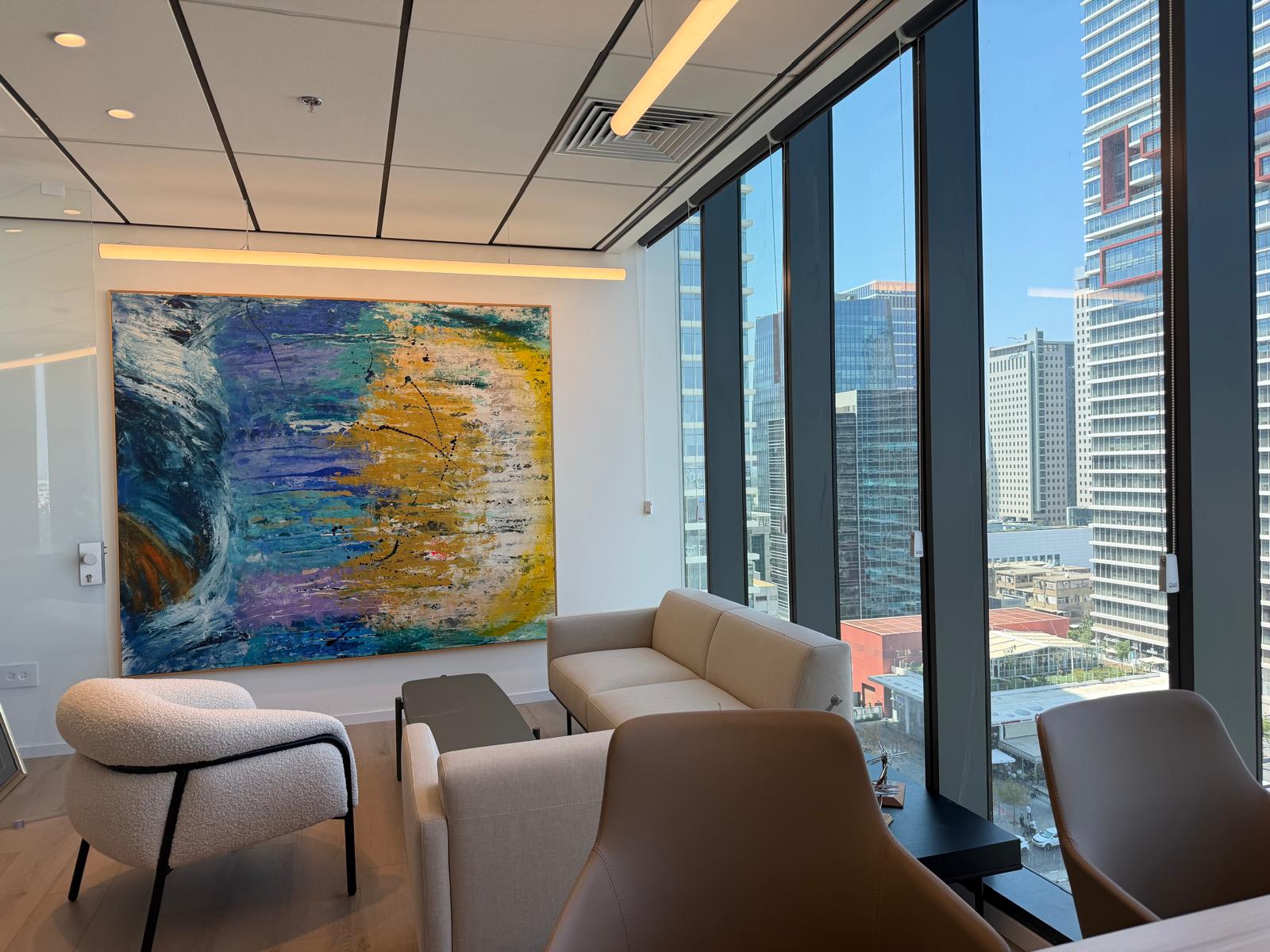 Large abstract painting installed in a Tel Aviv high-rise interior