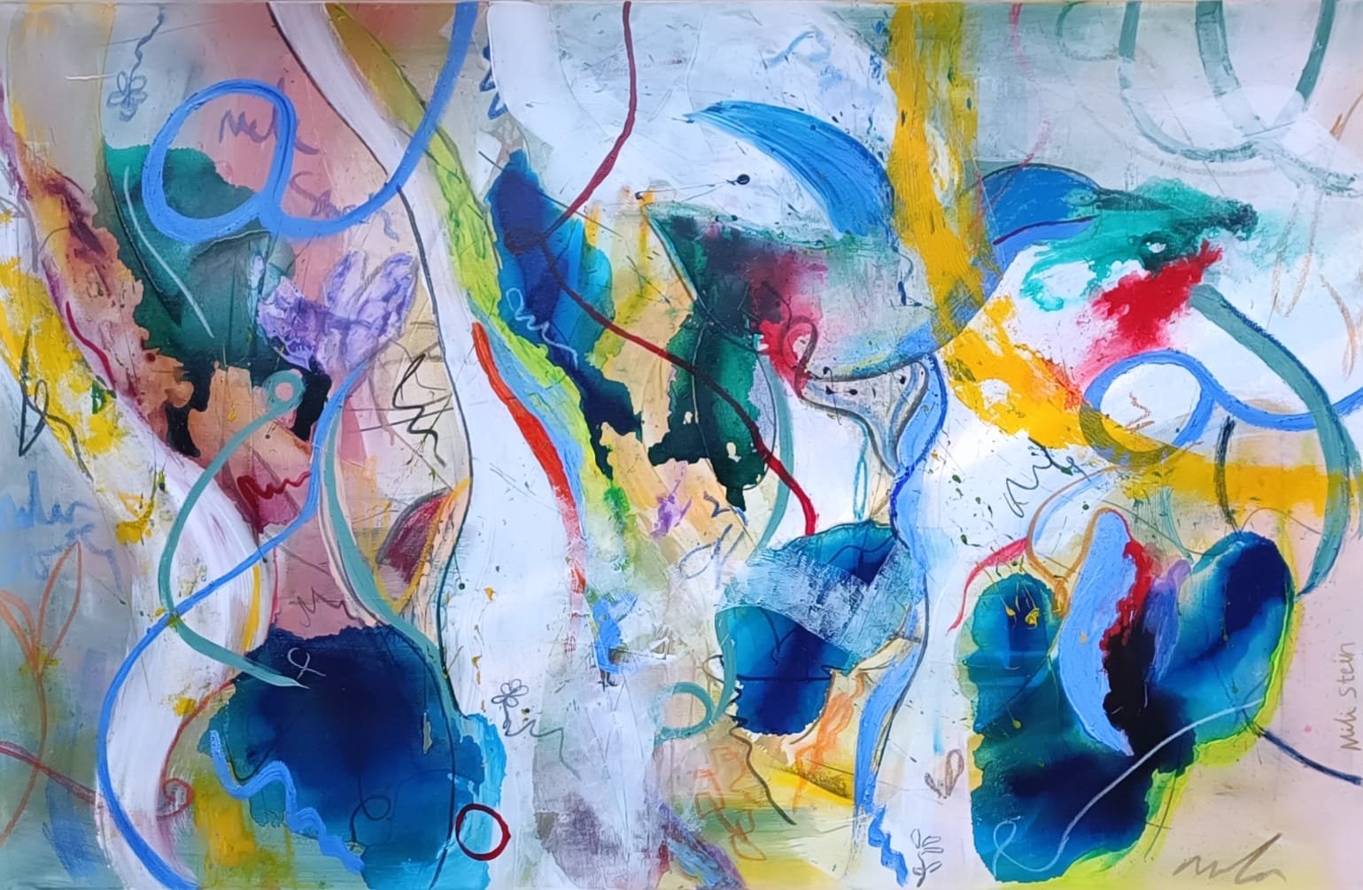 Horizontal abstract painting with blue ribbons, red lines and open white space
