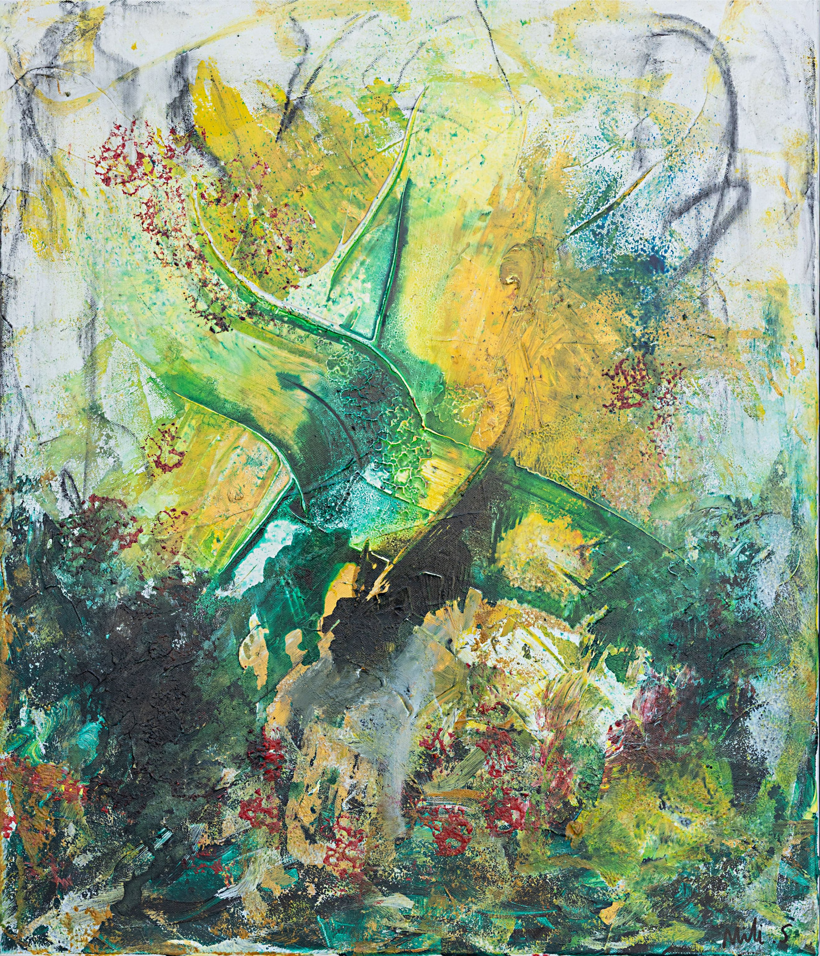 Vertical abstract painting in green, yellow and crimson evoking open fields