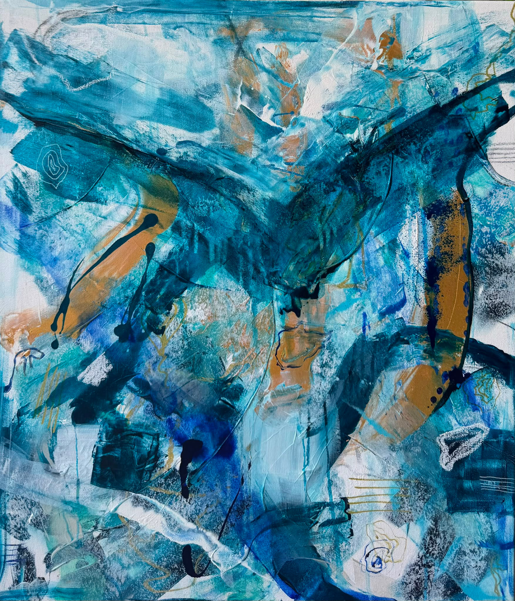 Vertical abstract painting in turquoise, blue and ochre