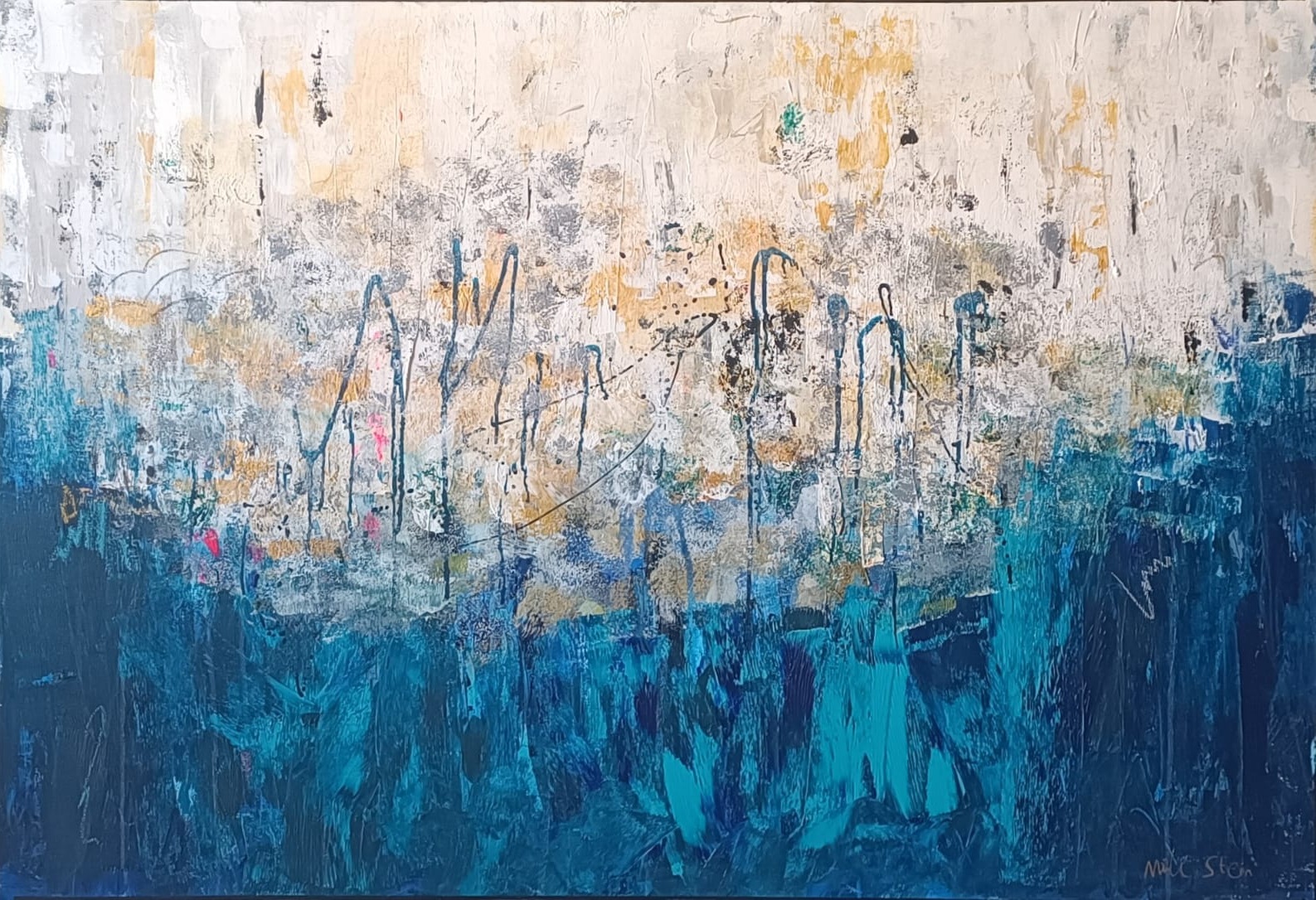 Horizontal abstract painting in deep teal and warm white with drifting vertical drips